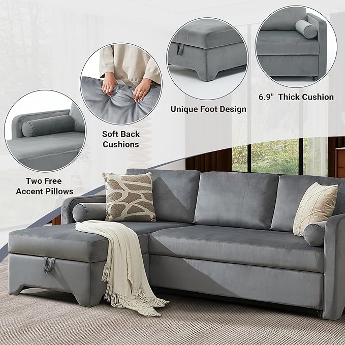 Tbfit 90.6'' 3 in 1 Sleeper Sofa Couch with Storage Chaise Velvet Sofa Bed with Pull Out Bed Convertible Sleeper Sofas for Living Room Small Spaces Grey