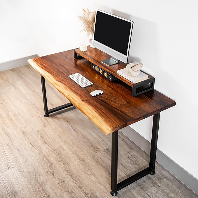 Wood Computer Desk with Monitor Stand - 48x27 Solid Wood Desk Live Edge Walnut Desk Sturdy Metal Legs - Scratch and Stain Resistant Finish - Premium Quality