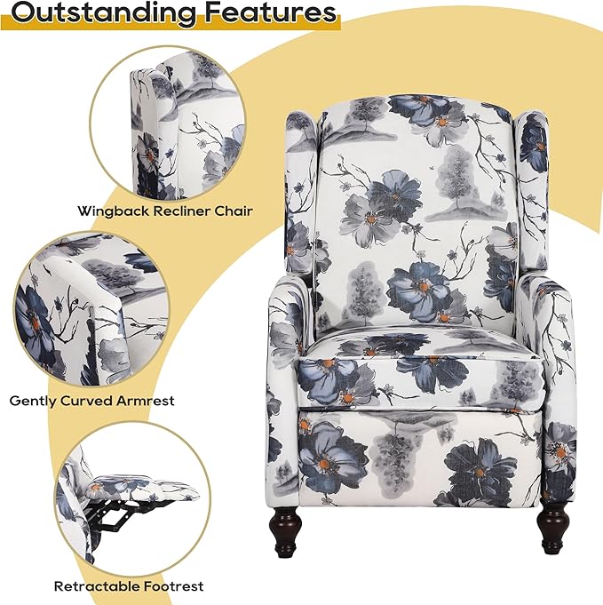 Set of 2 Wingback Recliner Chairs Mid-Century Modern Push-Back Manual Recliners for Adults Upholstered Floral Accent Chairs with Solid Wood Legs for Living Room &amp Bedroom Blue