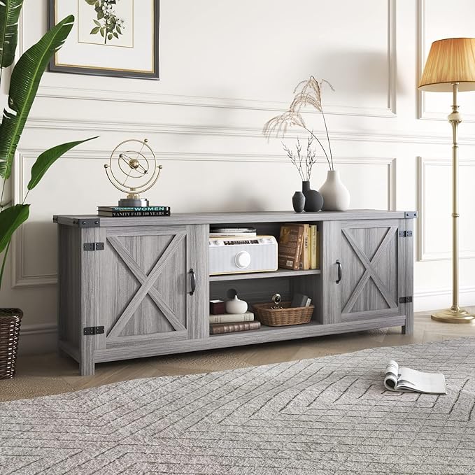 YESHOMY Modern Farmhouse TV Stand with Two Barn Doors and Storage Cabinets for Televisions up to 65+ Inch Entertainment Center Console Table Media Furniture for Living Room 58 Inch Gray Wash