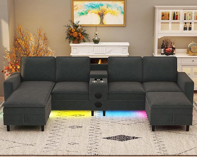 Sectional Couches for Living Room 6 Seat Sectional Sofa with Bluetooth Speaker/RGB Light/Charging Station Teddy Fleece U Shaped Couch with Storage Ottoman and Reversible Chaise Lounge - Dark Grey