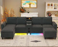 Sectional Couches for Living Room 6 Seat Sectional Sofa with Bluetooth Speaker/RGB Light/Charging Station Teddy Fleece U Shaped Couch with Storage Ottoman and Reversible Chaise Lounge - Dark Grey