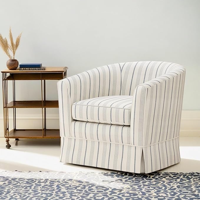 GDFStudio Swivel Accent Chair Upholstered Club ChairComfy Lounge Single Arm SofaModern Reading Chair for Living Room Bedroom Office28.75 x 28 x 27 300 Lbs Heavy Duty Beige Blue Stripe