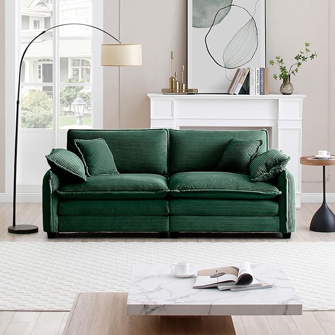 81 in Corduroy Loveseat Sofa Couch 2 Seat Large Extra Deep Love Seat Sofa with 4 Pillows Modern Upholstered Comfy Couches Modular Sofa for Living Room Bedroom Office Apartment Green