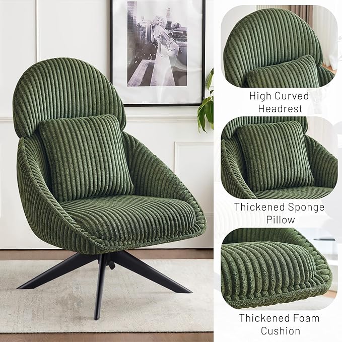 Furniliving Upholstered Swivel Accent Chair for Living Room Modern Armchair Side Chair with Headrest Bedroom Chair with Metal Legs Comfy Sofa Chairs with Pillow Large Corduroy Green