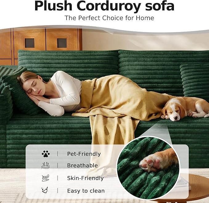 108.2 Modular Sectional Sofa with Deep Seat Boneless L Shaped Corduroy Couch Modern Comfort Cloud Couch Oversized for Living Room No Assembly (Right Facing ChaiseGreen)