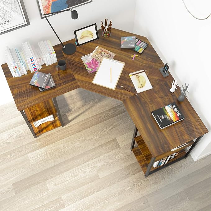 Elephance Large L-Shaped Computer Desk with Shelves Corner Desk Home Office Writing Workstation Gaming Desk PC Latop Table with Storage