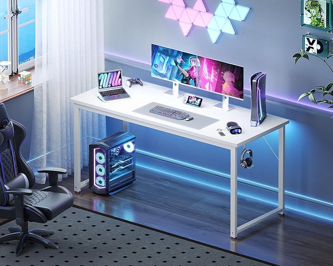 Casaottima 54 Inches Small Computer Desk Work Study Table for Home Office Kids Student Writing Desk with Headphone Hooks White