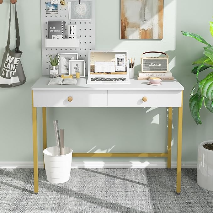 Weehom Computer Desk with Drawers Home Office Desk for Writing Studying and Gaming - Sturdy and Spacious Workstation for PC and Laptop(White and Gold)