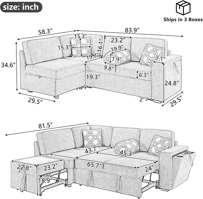 83.9 Convertible Sectional Sofa Bed Chenille L-Shaped Sofa with Dual Pull-Out Sleepers Flip-Top Table USB Ports Cup Holder &amp Storage for Living Room Office Apartment (Dark Gray-7.22)