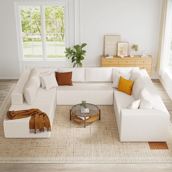 135 U Shaped Boneless Couch Oversized Boneless Sectional Couches for Living Room Large Modular Sofa with Ottoman Plush Corduroy Couch with Deep Seat Chaise No Assembly Beige