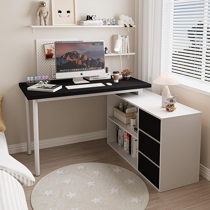 L Shaped Computer Desk 47 Inch Home Office Desk with File Drawers &amp Storage Shelves Small Corner Computer Desk for Small Space (White+Black)