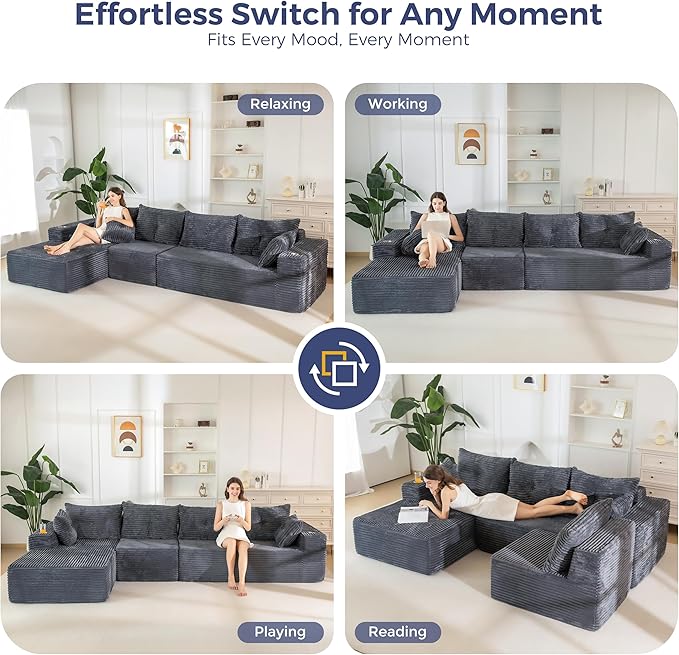 MAXYOYO 132 Oversize Modular Sectional Couch with L-Shape Chaise Modern Boneless Couch for Living Room Sofa in A Box Oversized Sofa Sleeper with Deep Seat No Assembly Required Dark Grey