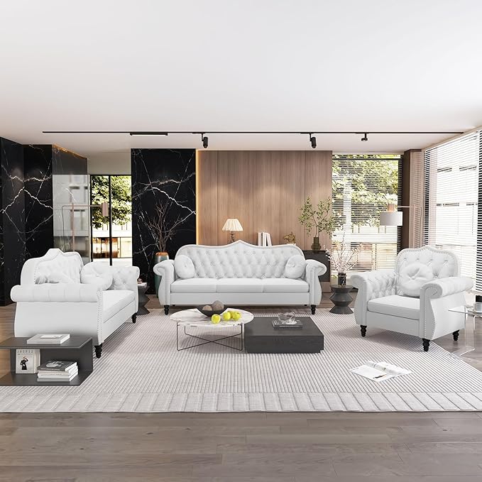 AVZEAR Chesterfield 2-Piece Living Room Sectional Sofa Set Mid-Century Modern Upholstered Velvet Sofa Couch Classic Tufted Button Sofa with Nailhead Trim for Living Room (1+2 Seat White)