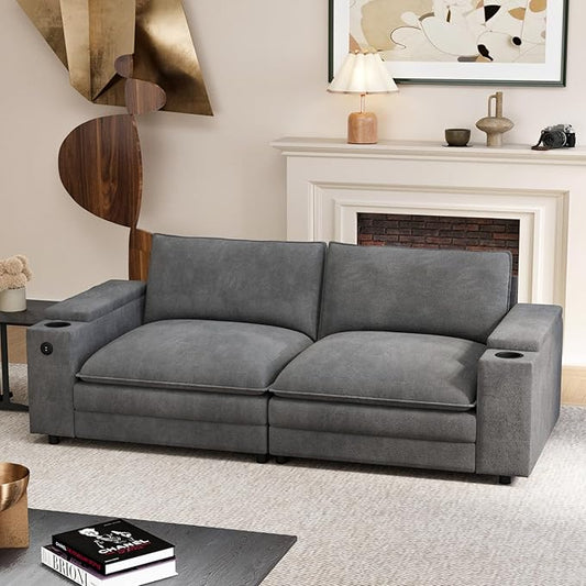 81.5 Loveseat Cloud Sofa Couch with Storage Armrest Cup Holders USB &amp Type-C Ports Spring Cushions Solid Wood Frame Chenille Modular Sectional for Living Room