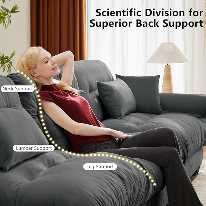 KEIKI 130 L-Shaped Oversized Velvet Modular Sectional Sofa with 1 Ottoman High-Density Foam Cushions and Bolstered Armrests Upholstered 3-Seater Cloud Couch with 5 Pillow for Living Room Grey