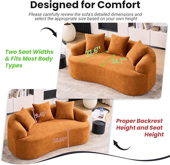 65 Curved LoveseatDeep Seat Cloud Floor Couch with 3 BackrestCozy Chenille FabricSmall Loveseat for Small SpacesBedroomOfficeApartment (Orange 65 Inch)