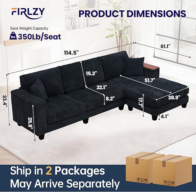 114 Cloud Sectional Couch with L-Shape Reversible Chaise Modern Corduroy L Shaped Couch with 2 Pillows &amp Storage Armrests 4 Seater Sectional Couches for Living Room Plush Corduroy Black