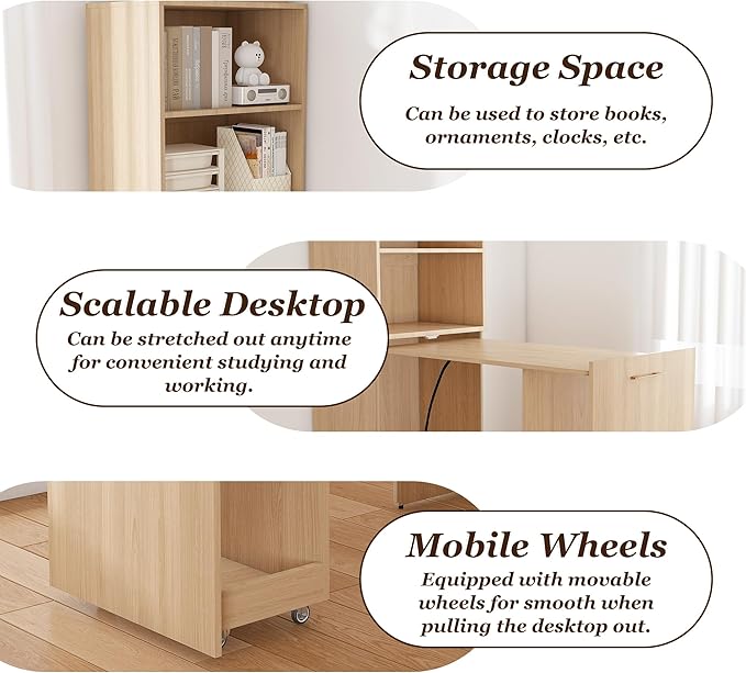 49.6'' Folding Office Desk Hidden Foldable Computer Desk with Storage Shelves and Mobile Wheels Space Saving Fold Out Table Writing Work for Home Office Bedroom (Natural Wood)