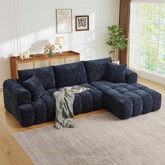 108 W Modular Sectionals SofaCloud Boneless Couch with ChaiseChenille Tufted Deep Seat L Shaped CouchModern Compression Foam Sofa for Living Room BedroomNo Assembly Required(Right FacingBlue)