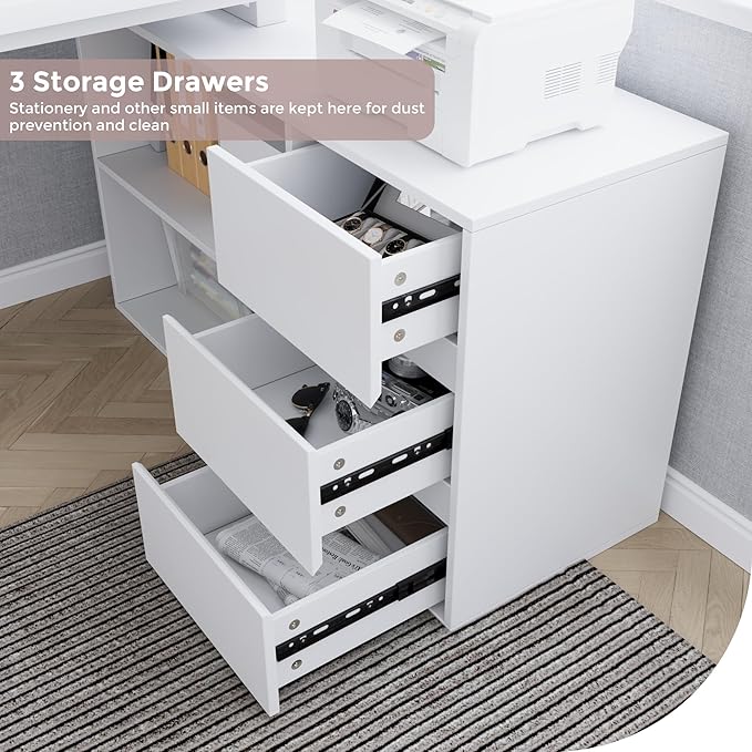 Home Office Computer Desk Corner Desk with 3 Drawers and 2 Shelves 53-inch L-Shaped Study Desk with Storage White