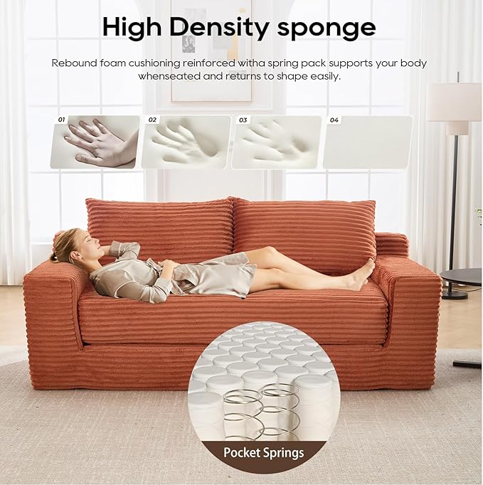 Black Cloud Couch 72 Chenille Loveseat Sofa 2-in-1 Floor Folding Sofa Bed Modern Comfy Sofa with 26 Deep Seat Soft Cushions for Living Room Apartment Office (Orange)