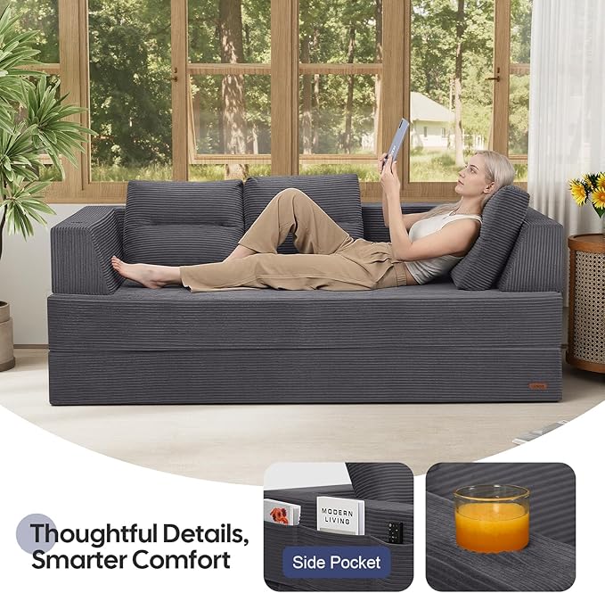 COMAX Futon Sofa Bed Queen 79 Convertible Sofa Bed Couches for Living Room 4 in 1 Folding Boneless Sleeper Corduroy Couch Loveseat Foam in a Box Comfy Foldable Lounge Fold Out Floor Mattress Grey