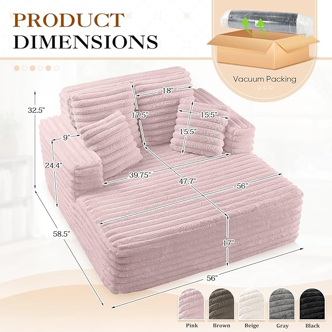 Chaise Lounge Chair Indoor Comfy Corduroy Plush Fluffy Foam Floor Compression Sofa Chair Leisure Reading Single Sleeper Chaise Chair for Living Room Bedroom Office Pillows Included (Pink)