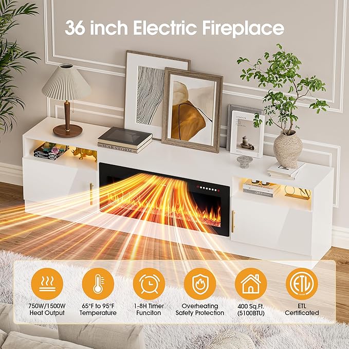 AHB Fireplace TV Stand 80 Inch LED Light Entertainment Center with 36 Electric Fireplace Storage Cabinet and Door Handles Media Console Table for TVs Up to 90 Inches Ideal for Living Room