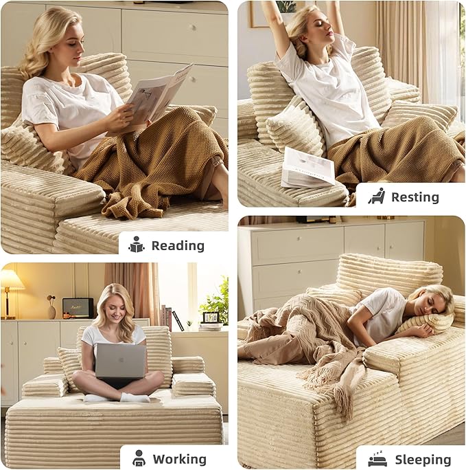 67x48 Oversized Chaise Lounge Chair Indoor Upholstered Sofa Bed with Plush Faux Fur Sleeper Couch Reading Chair Fluffy Cloud Sofa for Living Room Plush Beige