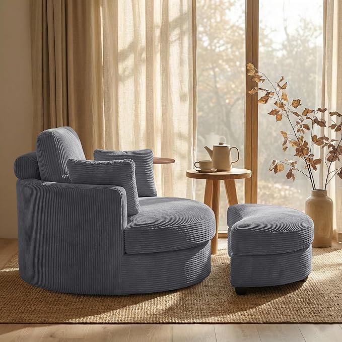 Yoglad 51” Swivel Barrel Chair with Storage Ottoman Corduroy Upholstered Accent Chair and A Half with Tray Table Oversized Chaise Lounge Round Sofa Chair for Living Room Bedroom(Grey)