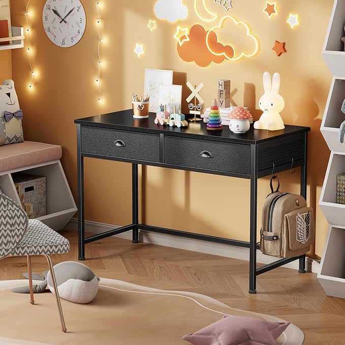 Furologee Small Computer Desk with 2 Fabric Drawers for Bedroom 40 Inch Simple Home Office Desk for Small Space Study Work Writing Table with Hooks for Kids Student Black