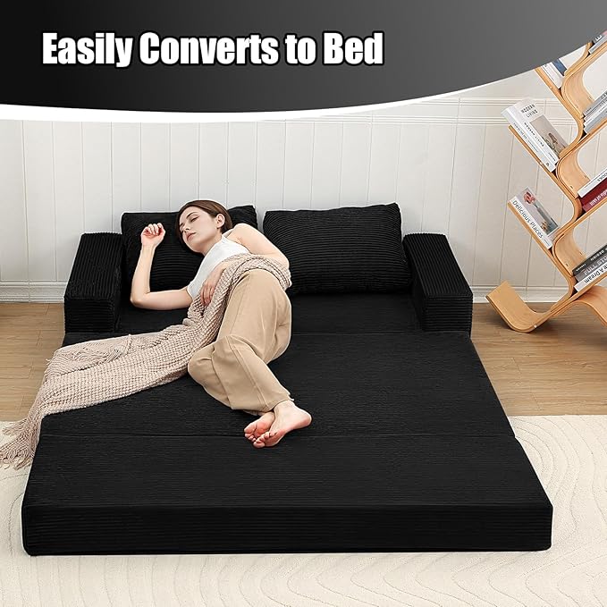 COMAX Convertible Sofa Bed Queen Corduroy Folding Floor Couch Pull Out Couch Bed Futon Sleeper with Pillows Fold Out Boneless Sofa Comfy Lounge Mattress Loveseat for Living Room Bedroom Black
