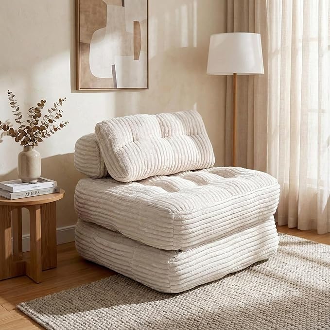 Boneless Chair Folding Sofa Bed with Pillow Sleeper Sofa with Back Support Sleeper Chair Portable Fold Out Chair Bed Comfy Foldable Mattress for Living Room Beige Single