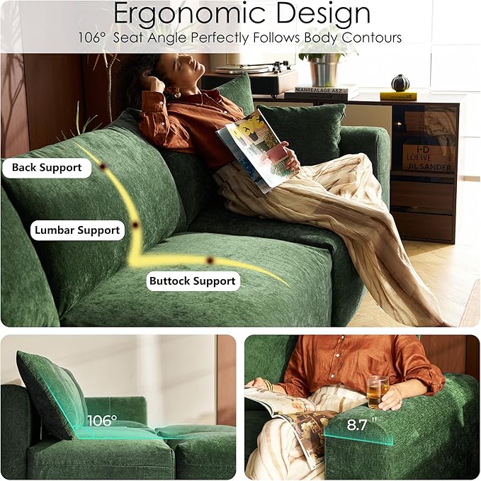 LINSY HOME Modular Sectional Cloud Couch 109 Ultra Soft Loveseat with Versatile Console and Removable Ottomans Soft Convertible Sectional Sofa Sets for Living Room Apartment Home Theater Green