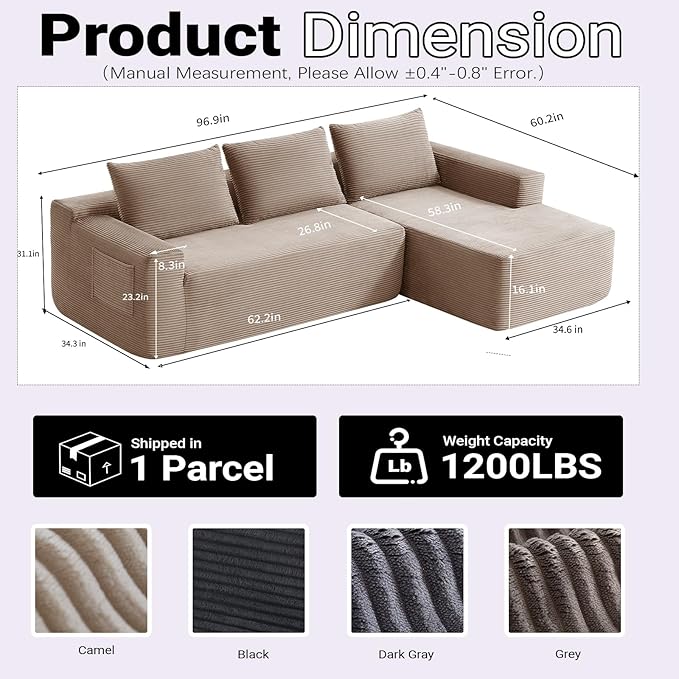 97 Cloud Sectional Couch Modern Boneless Couch with L-Shape Chaise Deep Seat Modular Sectional Sofa Corduroy Corner Foam Couches for Living RoomNo Assembly Required(Camel Right Chaise)