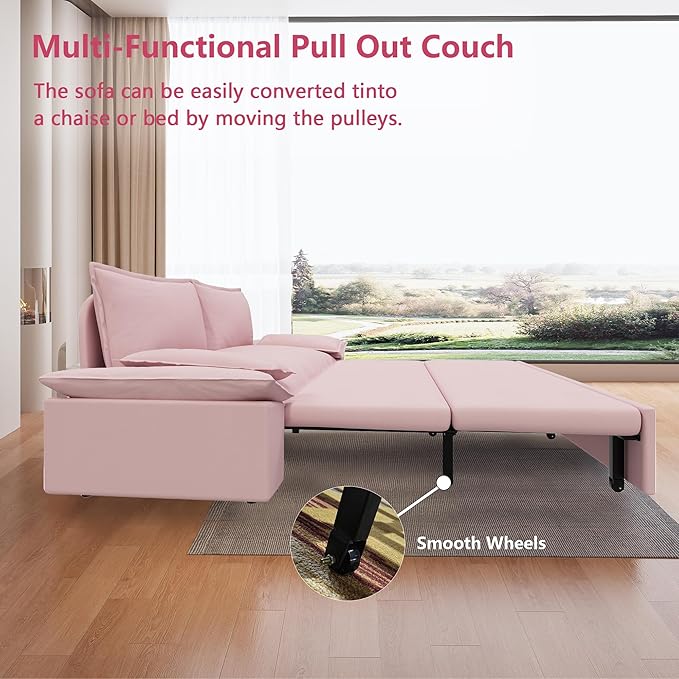 GNIXUU 73.2 Queen Pull Out Sofa Bed Velvet Convertible Sleeper Sofa Couch with 2 Soft Pillows Comfy Loveseat Bed Pull Out Couch for Living Room Apartment Small Space(Pink)