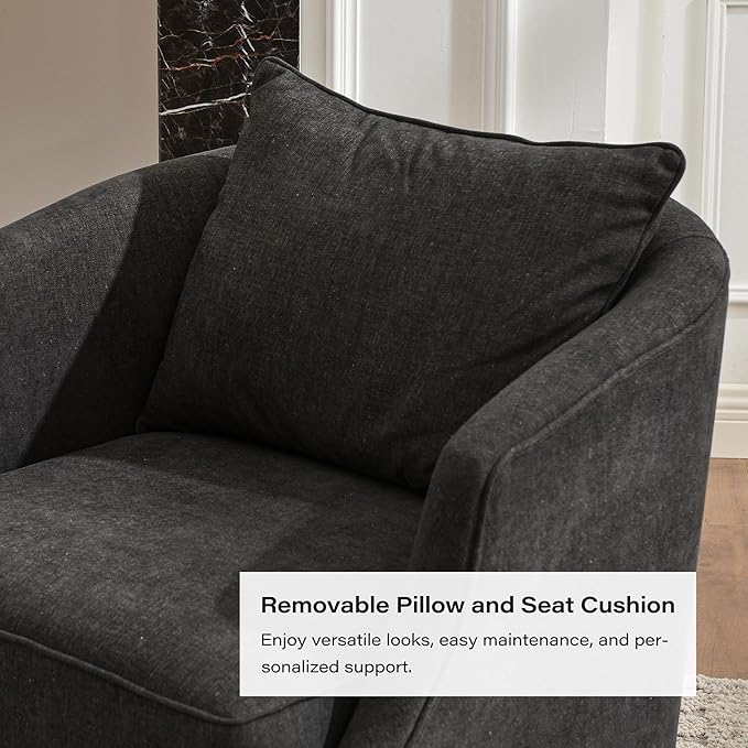 KINWELL 31 Wide Linen Fabric Swivel Barrel Chair FSC Certified Upholstered Swivel Armchair with Pillow Back for Living Room Bedroom Fully Assembled (Black)