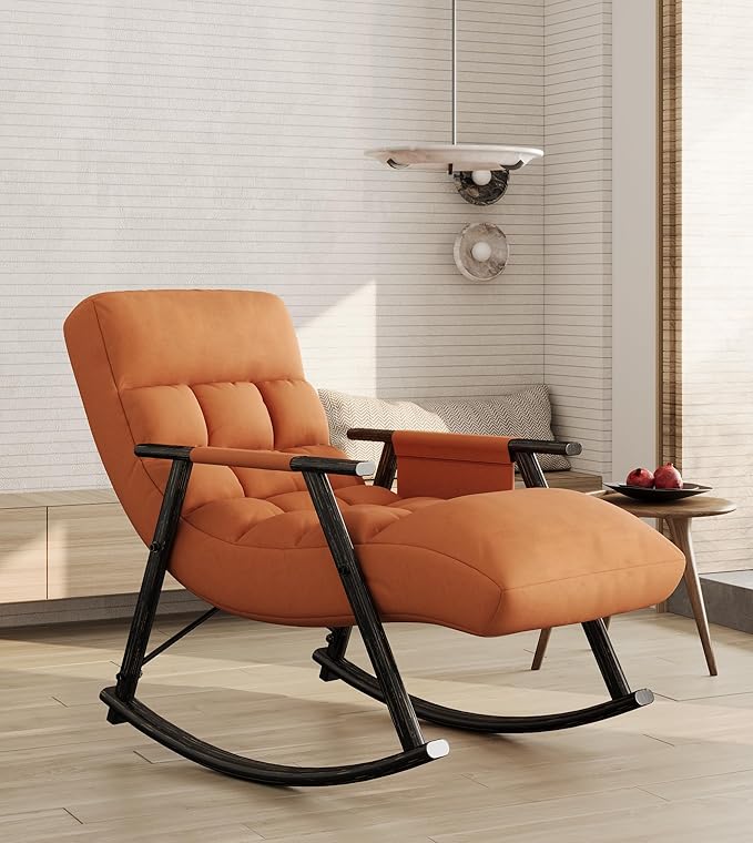 Folding Upholstered Rocking Chair Adjustable High Back with Footrest and Side Pockets Comfortable Seating for Living Room Bedroom or Balcony