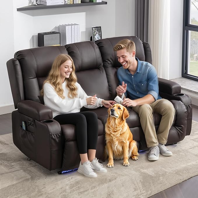 URRED Power Reclining Loveseat Sofa with Console RV Couch Loveseat Recliner Sofa with Massage &amp Heat LED Light Cupholders Bluetooth Speakers USB Charge Ports Outlets Faux Leather Dark Brow