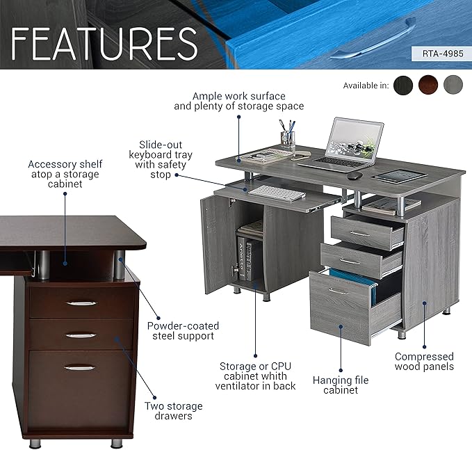 Techni Mobili 47.25 Ergonomic Computer Writing Desk with Drawers File Cabinet and Storage for Home Office Espresso