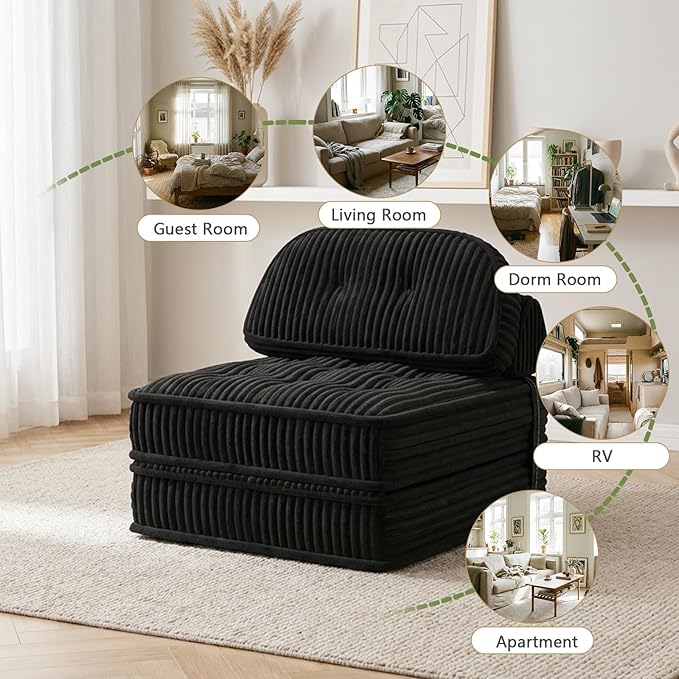 Foldable Sofa Bed in A BoxPortbale Compressed Chair BedCorduroy Convertible Twin Sleeper ChairFull Foam Fold Out Chaise Lounge for Living RoomBedroomApartment (Black)