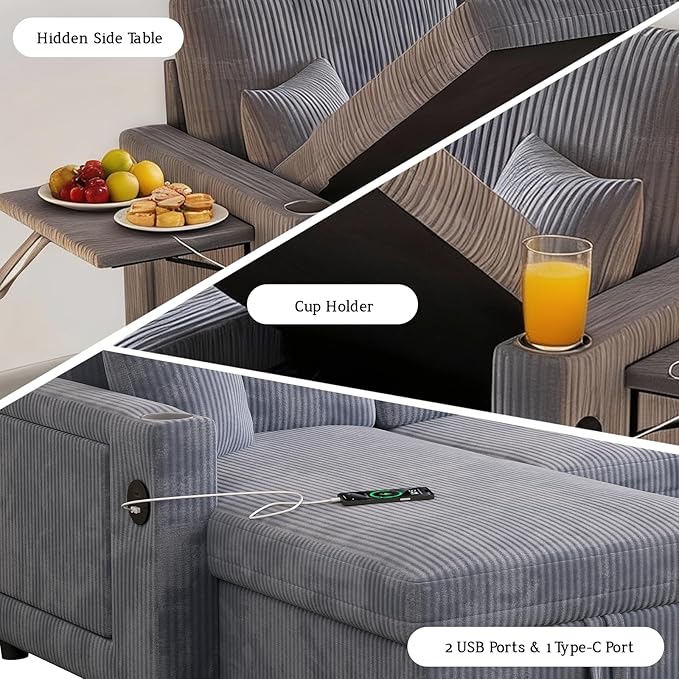 Rovibek 83 Convertible Sofa Bed Couch with Storage &amp USB Port – 4 in 1 L Shaped Sofa with Pull Out Couch Bed Side Table Cup Holder for Living Room Apartment Office Small Spaces Grey
