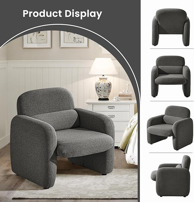 Furniliving 30.5 Accent Chairs Chenille Fabric Living Room Chair Comfy Upholstered Armchair Single Sofa Chair with a Waist Pillow for Bedroom/Office/Reading Spaces Dark Grey