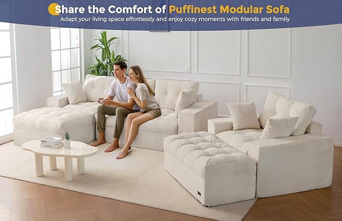 MAXYOYO Sectional Sofa Couch and Chaise Lounge L Shaped Modern Cloud Couch with Ottoman Comfy Sofa with Layered Cushion Tufted Upholstered Sleeper Chair for Living Room No Assembly Required Beige