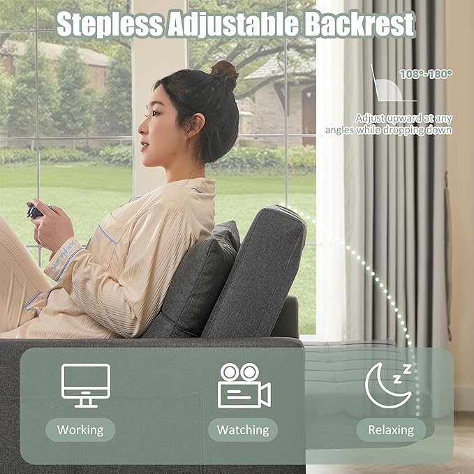 52 Sleeper Sofa with Pull-Out Bed 3-in-1 Convertible Sofa Bed Set of Loveseat with Stepless Adjustable Backrest and Side Pocket for Living Room Dorm Apartment Linen Dark Gray