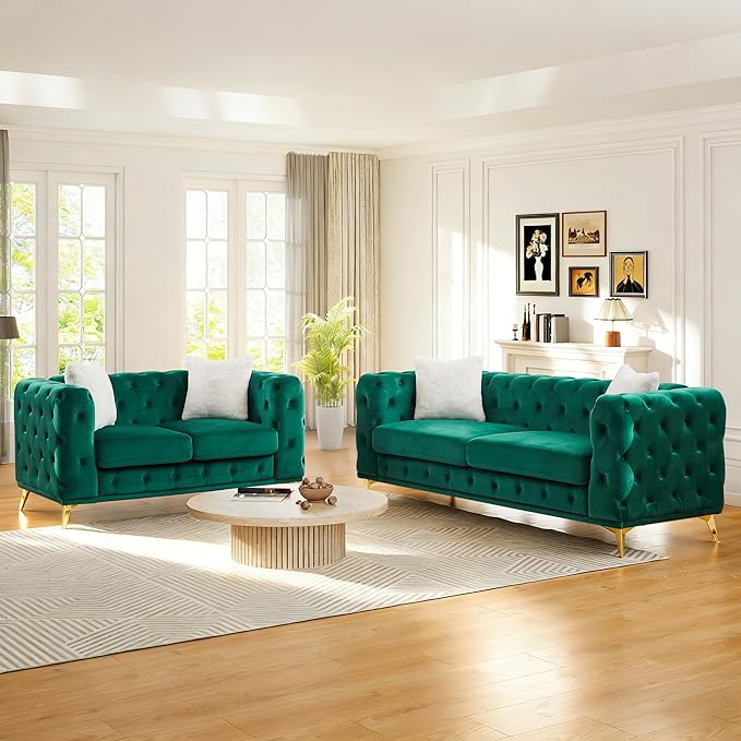 2 Piece Velvet Chesterfield Sofa Set Mid-Century Modern Love Seat Button Tufted Couch with Curved Arms Gold Metal Legs Deep Seat Comfortable Living Room Set Furniture (Green Couch and Loveseat)