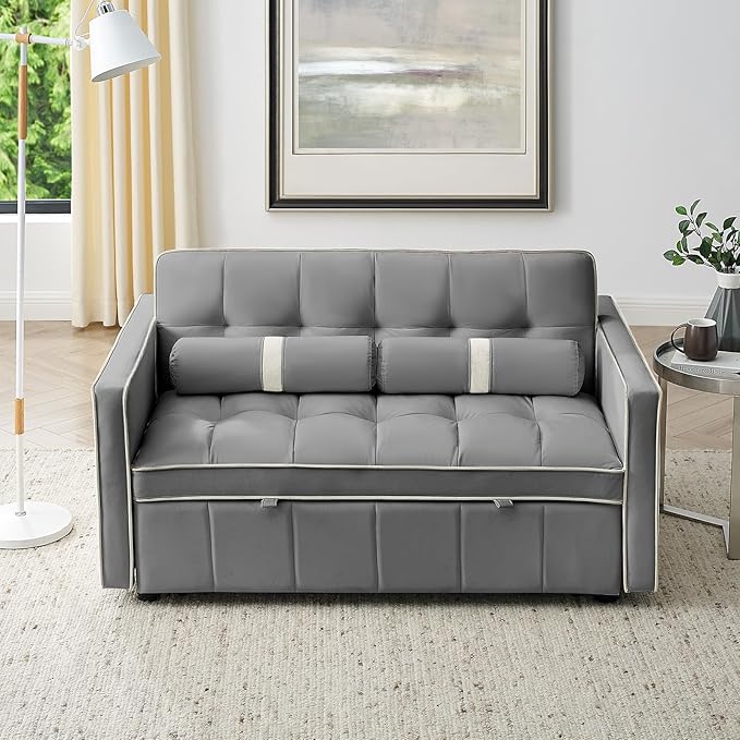 3-in-1 Convertible Sleeper Sofa Bed55.5 Modern Velvet Tufted Pull Out Couch BedFuton Small Love Seat Sofa with Adjustable Backrest&ampCylinder Pillows for Living RoomBedroomApartment(Grey)