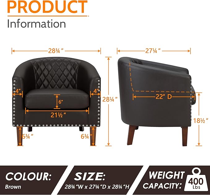 PrimeZone Barrel Chair Comfy Accent Chair Faux Leather Living Room Chairs Club Chairs with Cushion Nailhead Trim and Diamond Mesh Backrest Reading Chairs for Bedroom Waiting Room 4PCS Brown
