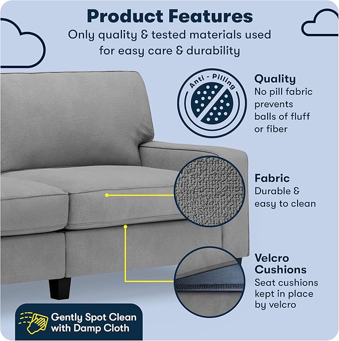 Serta Palisades 78 Track Arm Sofa Easy Care Polyester Soft Pillow Back Pocket Coil Seat Cushions Removable Covers Loveseat or Couch for Small Spaces Living Rooms or Bedrooms Glacial Gray